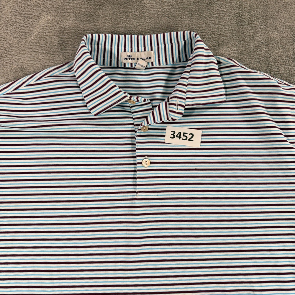 Peter Millar Polo Mens Medium Blue Burgundy Striped Performance MF18EK52S